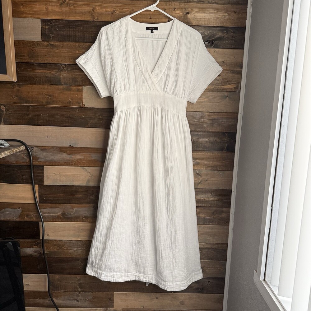 Quince Organic Cotton Gauze Maternity Midi Dress Women’s Small White V-Neck